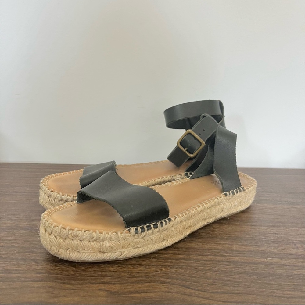 Soludas Black Leather Espadrille Sandals Sz 8.5 Ankle Straps Gold Buckle Summer